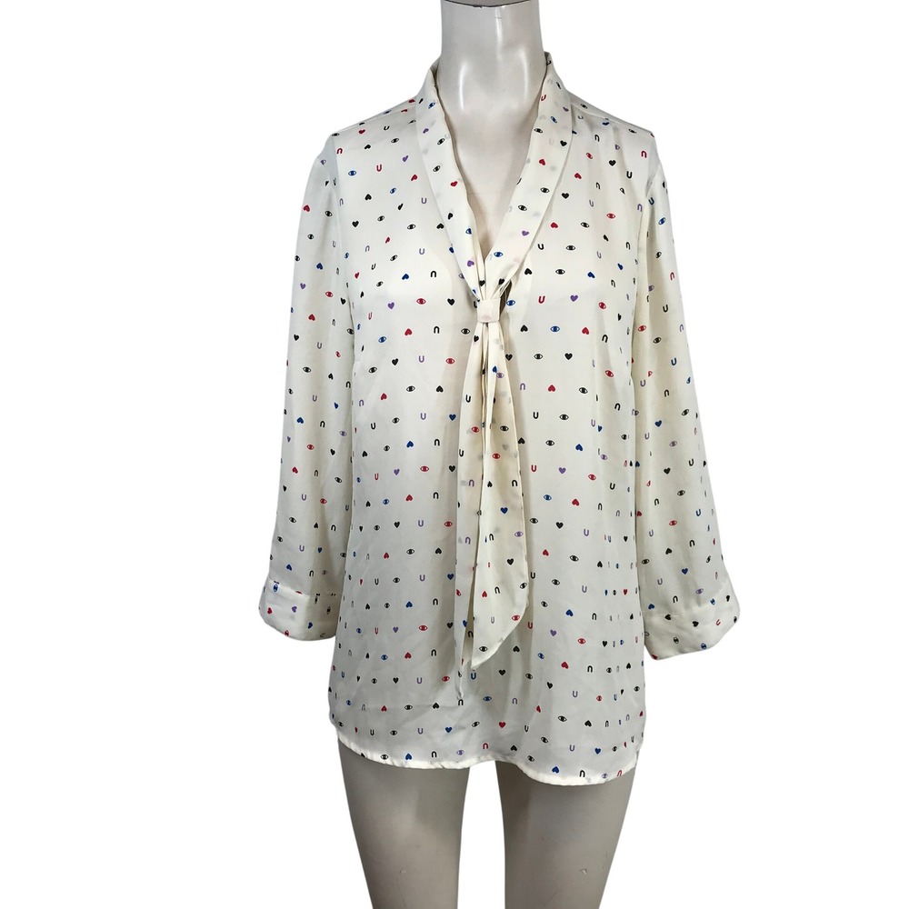 ModCloth Cream Heart Eye Horseshoe Print Tie Neck blouse Large